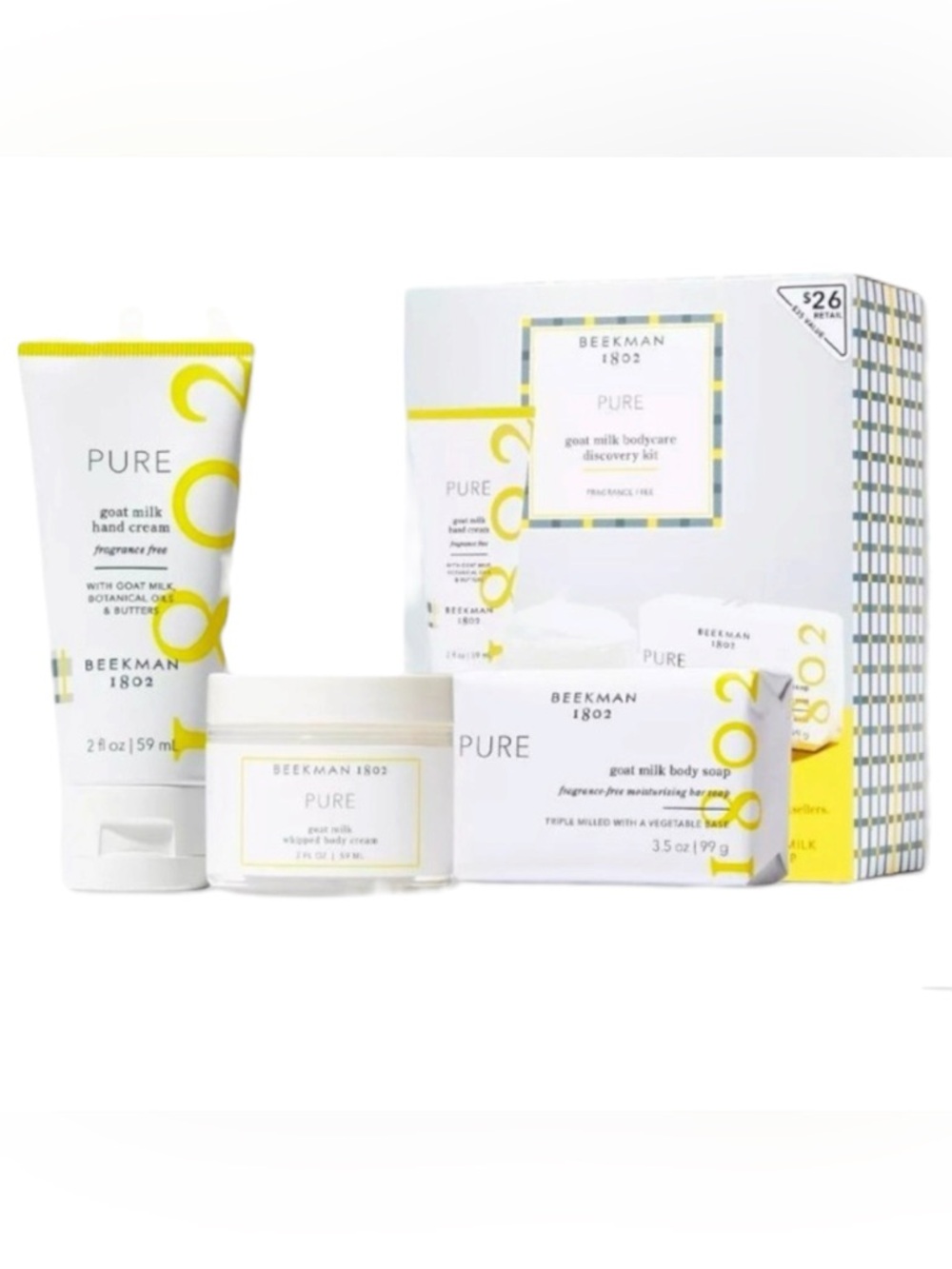 Beekman 1802 PURE Fragrance-Free Goat Milk Skin Care Travel Set- White & Yellow - Picture 2 of 6